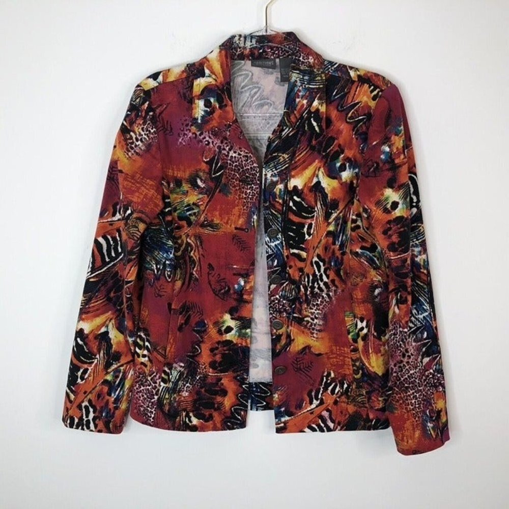 Additions by Chicos Womens Button Front Jacket Sz 0 Red Graphic Abstract Floral